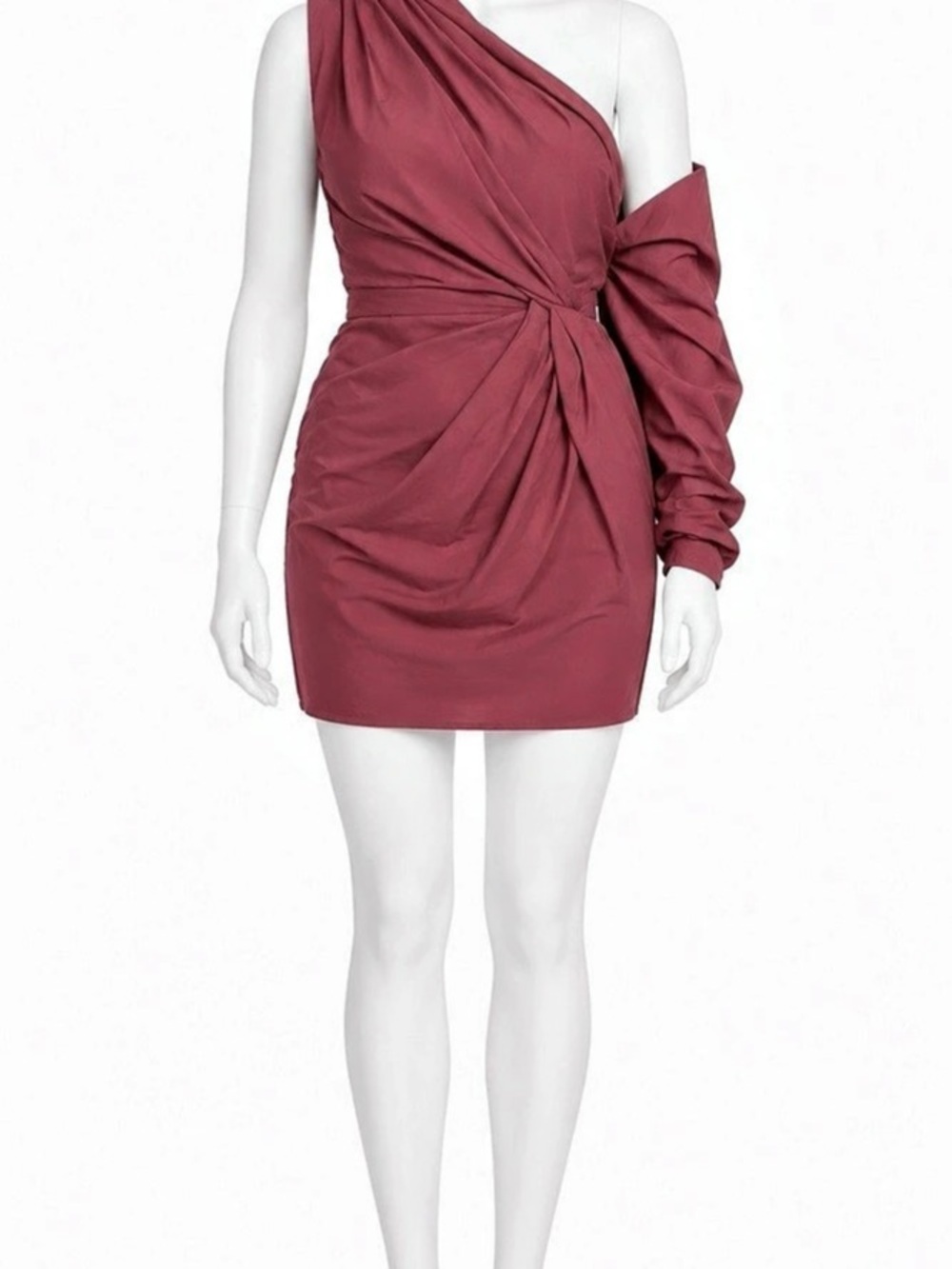 ASOS Edition Cotton One Sleeve Volume Mini Dress in Burgundy/Maroon Pink Size 14
